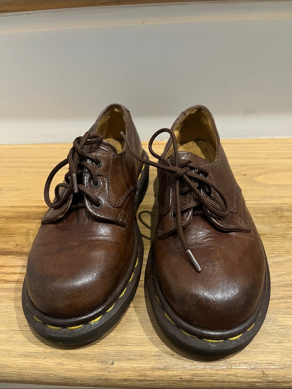 Dr. Martens Brown Leather Kids Oxford Shoes with Yellow Stitching